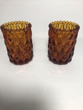 Set Of 2 Vintage Amber Glass Votive Cup Candle Holder Rare
