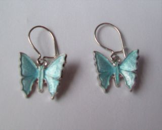 Vintage Sterling Silver / Enamel Dangle Earring - Butterfly Shape - Light Blue