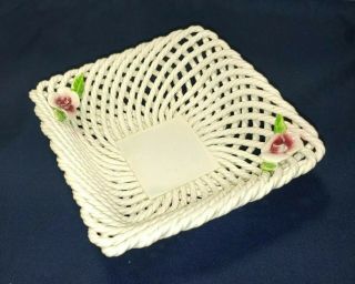 Vintage Porcelain Braided/lattice Fruit Bowl Made In Spain,  Pink Rose Motif
