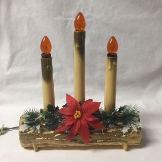 Vintage Christmas Plastic Lighted 3 Candle Yule Log Electric
