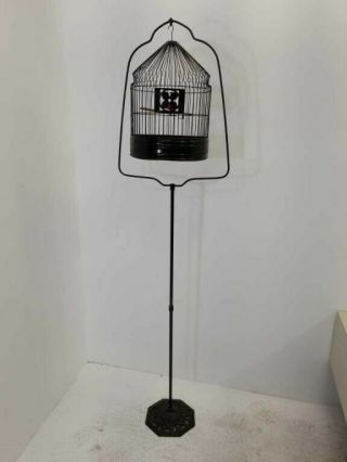 Antique Vintage Hanging Bird Cage With Metal Stand And Decorative Bird