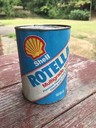 Vintage Shell Oil Can Old Rotella T Mechanic Garage Motor Tin Top Paper Can Odd