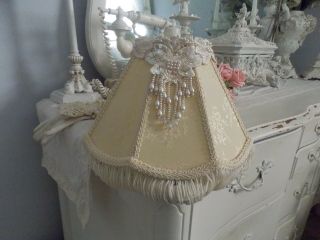 Shabby Vintage Victorian Chic Ivory/ Cream Fringe Lamp Shade W/ Pearl Lace Drop
