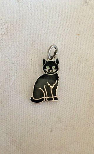 Vintage Sterling Silver Enamel Black Cat Lucky Charm Green Eyes Signed Griffith