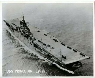 1954 Vintage Photo Us Aircraft Carrier Uss Princeton Cv - 37 With Sailors On Deck
