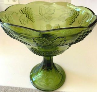 Vintage Green Glass Footed Compote Bowl Planter Raised Grapes & Vine 8.  5 " High