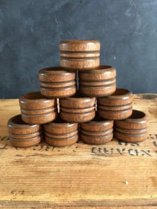 Vintage Set 10 Wooden Napkin Rings Solid Wood Walnut? Mid Century Modern Style