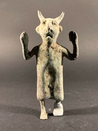 Very Rare Ancient Luristan Bronze Horned Devil Figure Statuette Circa 1000bc