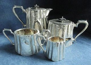4 Piece Silver Plate Gothic Style Tea Set C1875 William Rodgers