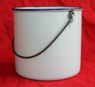 Vintage White W Blue Rim Enamelware Graniteware Berry Pail With Bail Handle