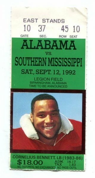 Southern Mississippi Vs Alabama Ticket Stub 9/12/1992 Ncaa Football