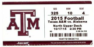 Texas A & M Vs Alabama Ticket Stub October 17 2015 Ncaa Football
