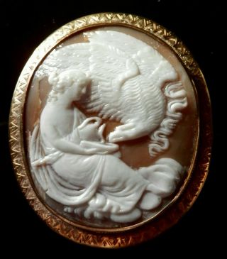 Antique Victorian Gilt Cameo Brooch Greek Goddess Hebe Feeding Zeus As An Eagle