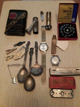 Antiques Junk Drawer - Richter Harmonica,  Match Safes,  Lighters And More