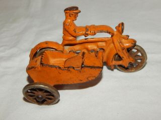 Antique Hubley Cast Iron Motorcycle Toy With Side Car 1930 ?? Orange Color