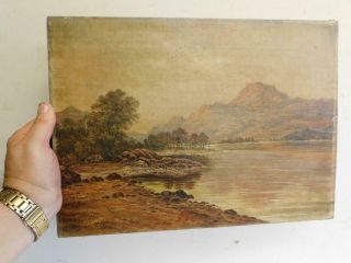 Really Old Painting Antique Oil On Canvas Lake Landscape