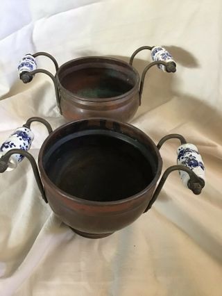 2 Vintage Copper Buckets Planter Pots With Blue & White Porcelain Handles