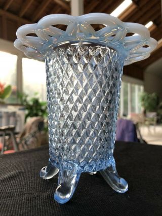 Vintage Imperial Glass Opalescent Footed Vase,  Holder Blue Diamond Lace