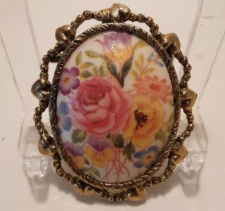 Vintage Eggshell Pendant / Brooch Pin Hand Painted Roses Flowers Gold Tone