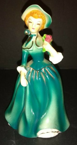 Vintage Ceramic Victorian Lady In Teal Dress & Bouquet Red Flowers Marked " 2503 "