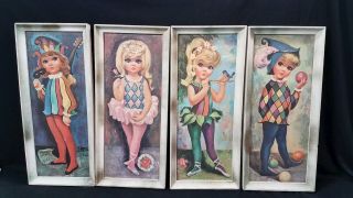 Vintage Goji 1960s Big Eyes Wall Art Lithographs Harlequin Girls Mid - Century