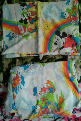 Vintage Walt Disney Twin Flat Bed Sheet Mickey Mouse/pluto/donald/daisy/nephews