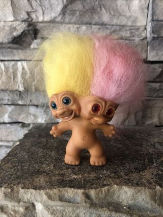 Vintage Two Headed Troll Doll Uneeda 1965 Pink&yellow Fur Hair