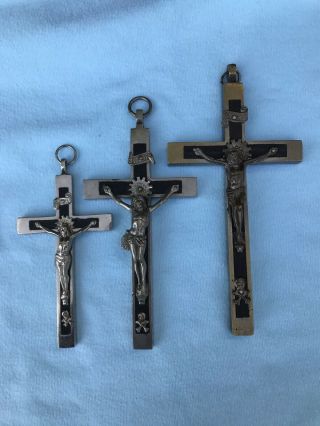 3 Antique Catholic Pectoral Crucifix Cross Ebony Inlay Germany