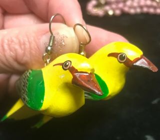 Vintage 1980’s Wooden Wood Carved 3d Painted Yellow Bird Earrings