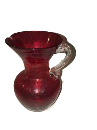 Small Red Pitcher / Vase 5 " Vintage Hand Blown Crackle Glass