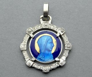 French,  Antique Religious Silver Enamel Pendant.  St Virgin Mary.  Art Deco Medal.