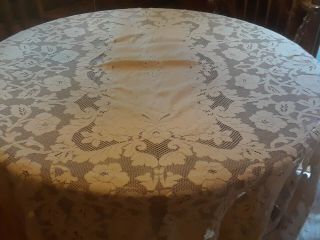 Vintage Lace Tablecloth 82 By 65 Ivory Ecru Floral Scalloped Edge