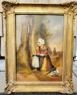 Antique 18th Century Old Master Oil Painting On Wood Board " Religious Scene "