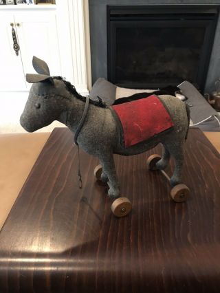 Antique Wool Hard Stuffed Donkey Pull Toy On Wood Wheels - Steiff?
