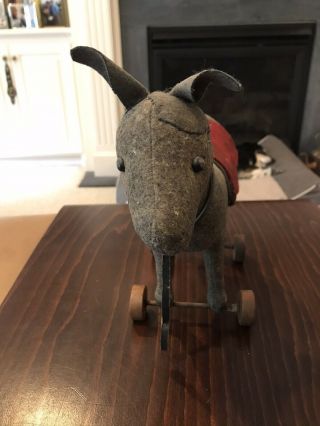 Antique Wool Hard Stuffed Donkey Pull Toy on Wood Wheels - Steiff? 2