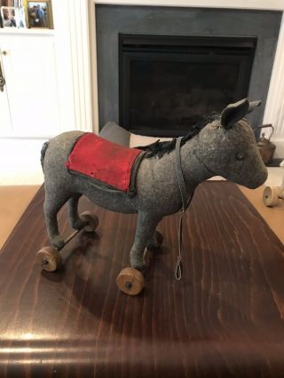 Antique Wool Hard Stuffed Donkey Pull Toy on Wood Wheels - Steiff? 3