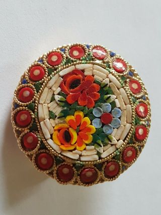 Vintage Italian Micro Mosaic Cameo Brooch Flowers Roses Bright Colours
