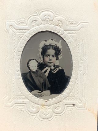 Antique Tintype Photo Little Girl Holding A Porcelain Doll Brooklyn Ny