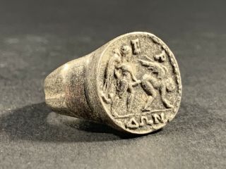 Fantastic - Ancient Greek Solid Silver Ring With Erotic Scene - Circa: 300 - 100bc
