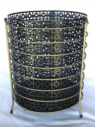 Vintage Mid Century Modern Waste Basket Can Black Gold Metal Mesh Round 2 Piece