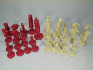 Antique Victorian Bone Chess Set Red & Cream 3.  25 Inch King W Wood Box