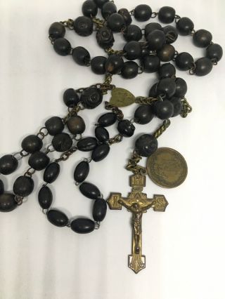 Vintage Antique St Joseph Guardian Angel Black Wood Bead Rosary Necklace