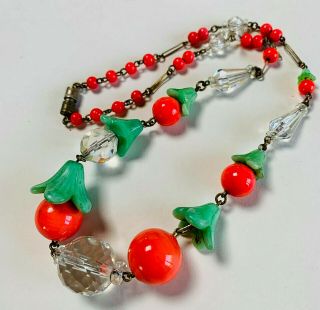 Vintage Jewellery Art Deco Orange/green Glass/clear Crystal Necklace
