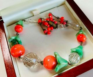 VINTAGE JEWELLERY ART DECO ORANGE/GREEN GLASS/CLEAR CRYSTAL NECKLACE 2