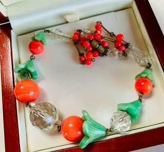 VINTAGE JEWELLERY ART DECO ORANGE/GREEN GLASS/CLEAR CRYSTAL NECKLACE 3