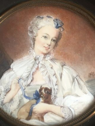Antique Vintage Miniature Portrait Painting Maiden & Dog