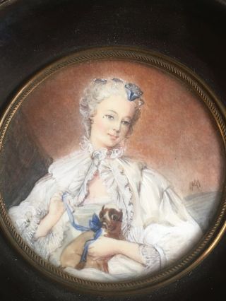 Antique Vintage Miniature Portrait Painting Maiden & Dog 3