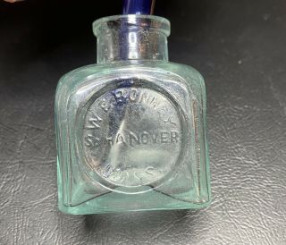 Antique W E Bonney Hanover Mass Embossed Aqua Glass Ink Bottle Square 3 Inch