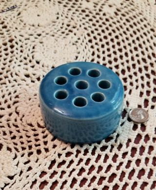 Vintage Blue Pottery Flower Frog 8 Hole