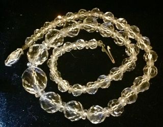 Vtg 18k White Gold Clasp C Diamond Cut & Drilled Rock Crystal Bead Necklace 15”